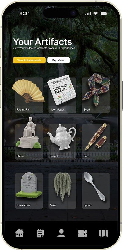 Artifacts phone screen showing collected tour artifacts