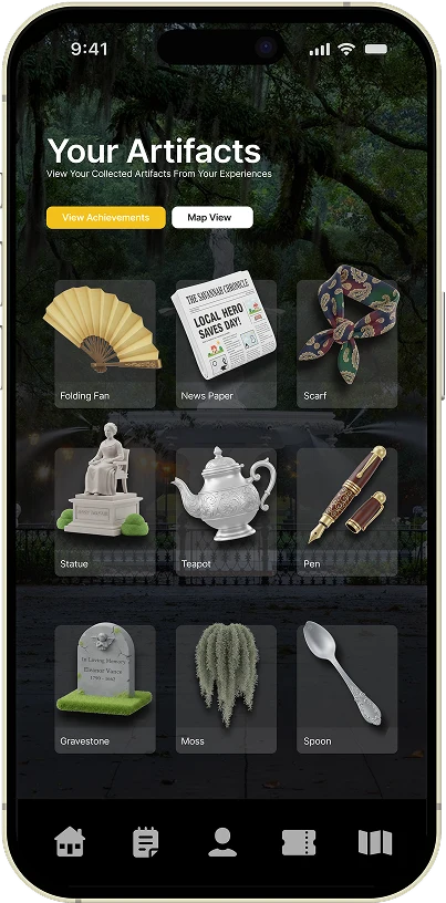 Artifacts phone screen showing collected tour artifacts