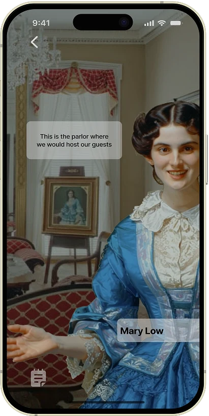 AR storytelling screen at the Mary Tew House