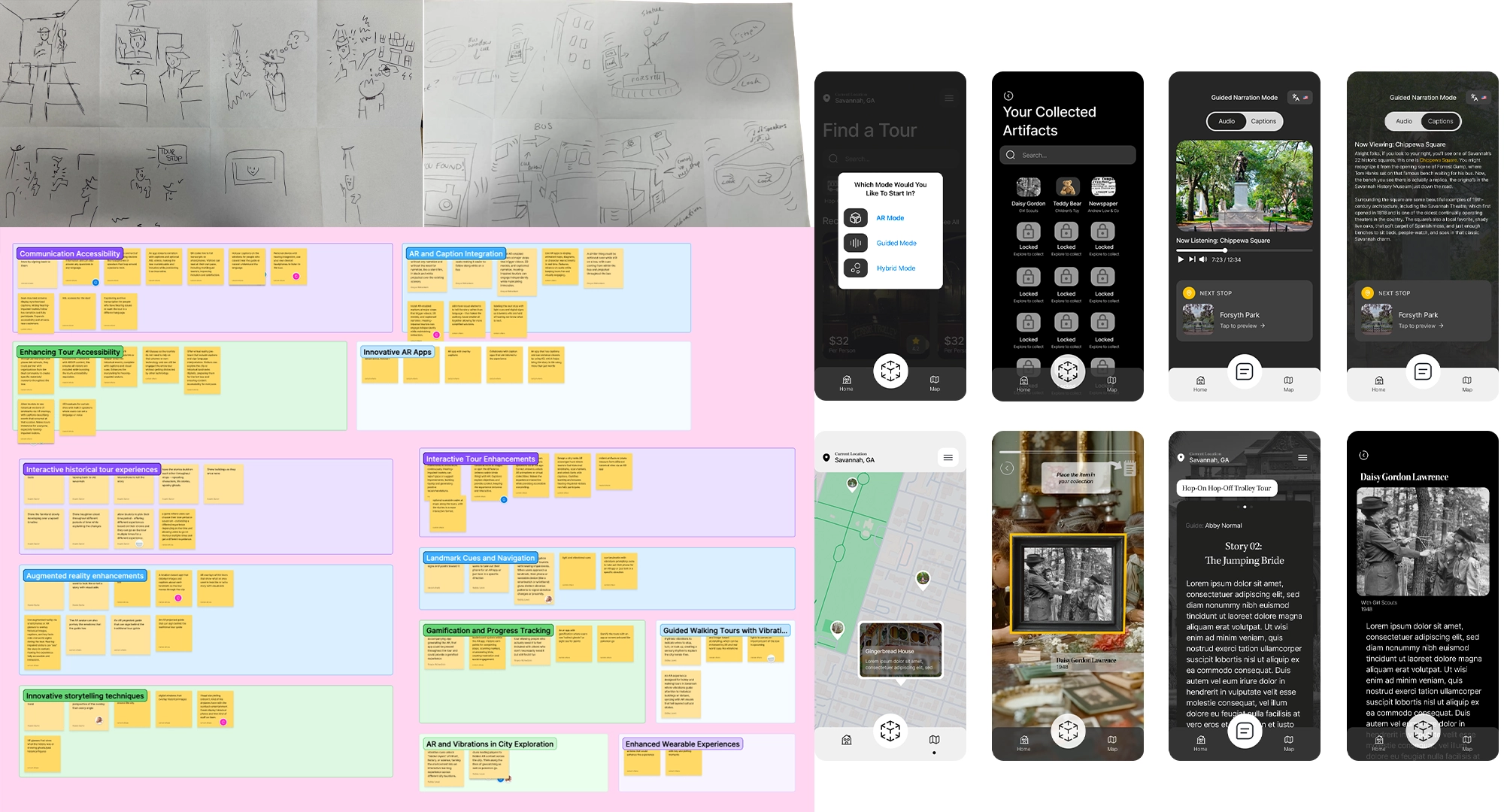 Journey mapping and ideation sketches for Big Bus Savannah