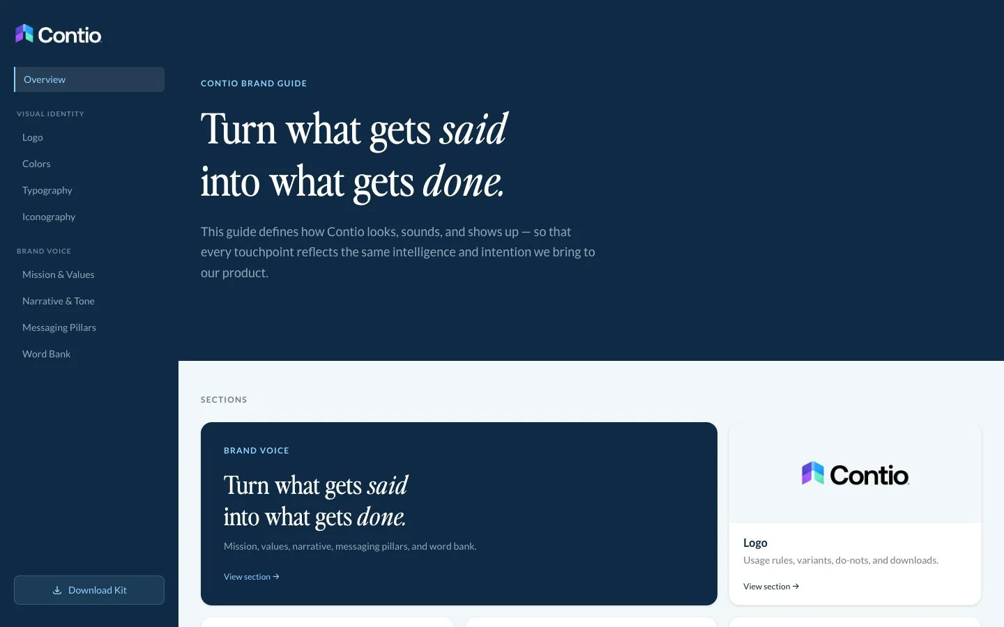 The Contio brand guide website: visual identity and brand voice sections in a sidebar, with the headline “Turn what gets said into what gets done”