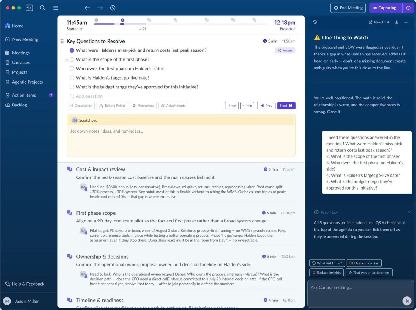 A screen recording of the real MeetingOS app during a live meeting: Key Questions to Resolve on the agenda, the meeting timeline across the top, and the One Thing to Watch panel on the right