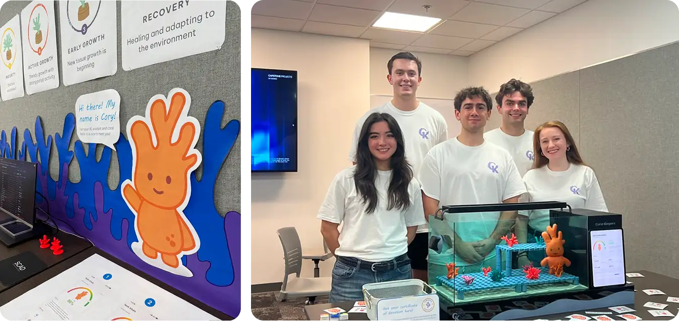 Left: the demo day booth wall with the coral growth stages and a large cut-out of Cory introducing himself. Right: the five-person team in Coral Keepers shirts behind the finished tank and its monitor