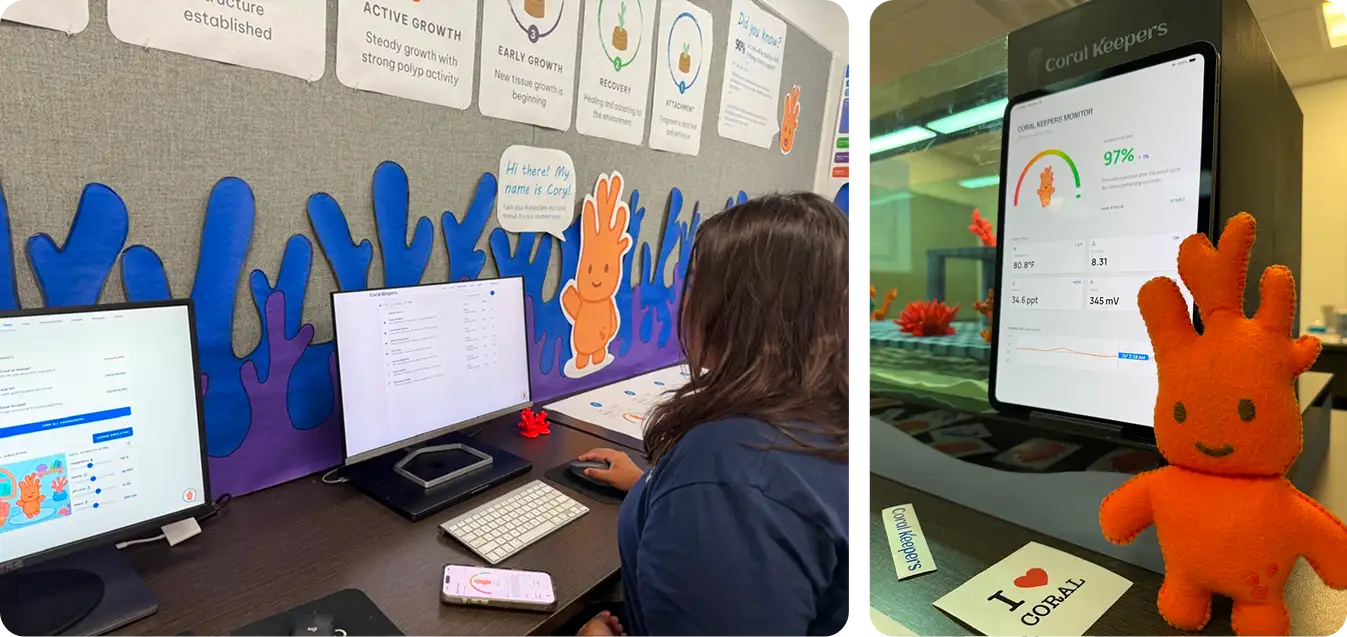 The Coral Keepers demo day setup, with the physical tank and the digital platform running side by side