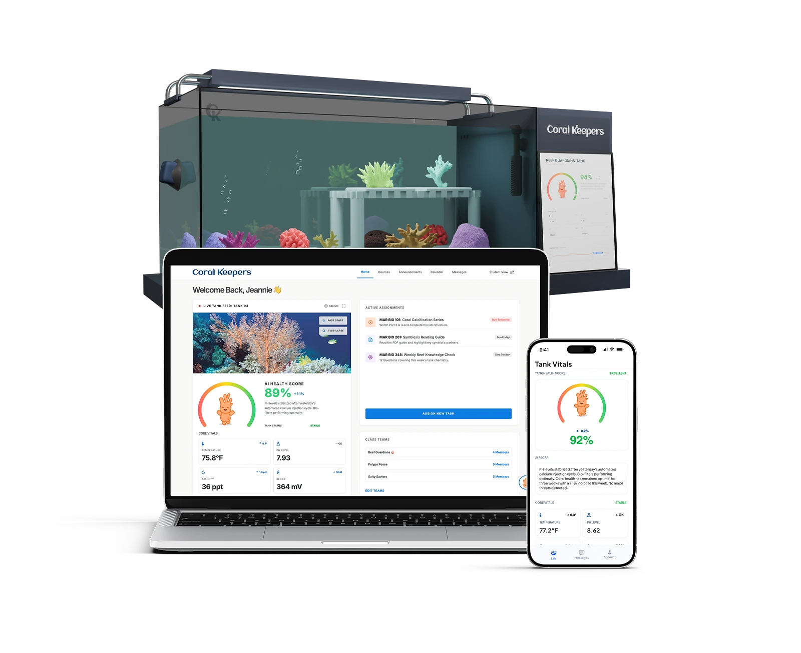 The Coral Keepers product: the classroom tank with its mounted vitality monitor reading 94 percent, the teacher web platform on a laptop reading 89 percent, and the teacher app on a phone reading 92 percent