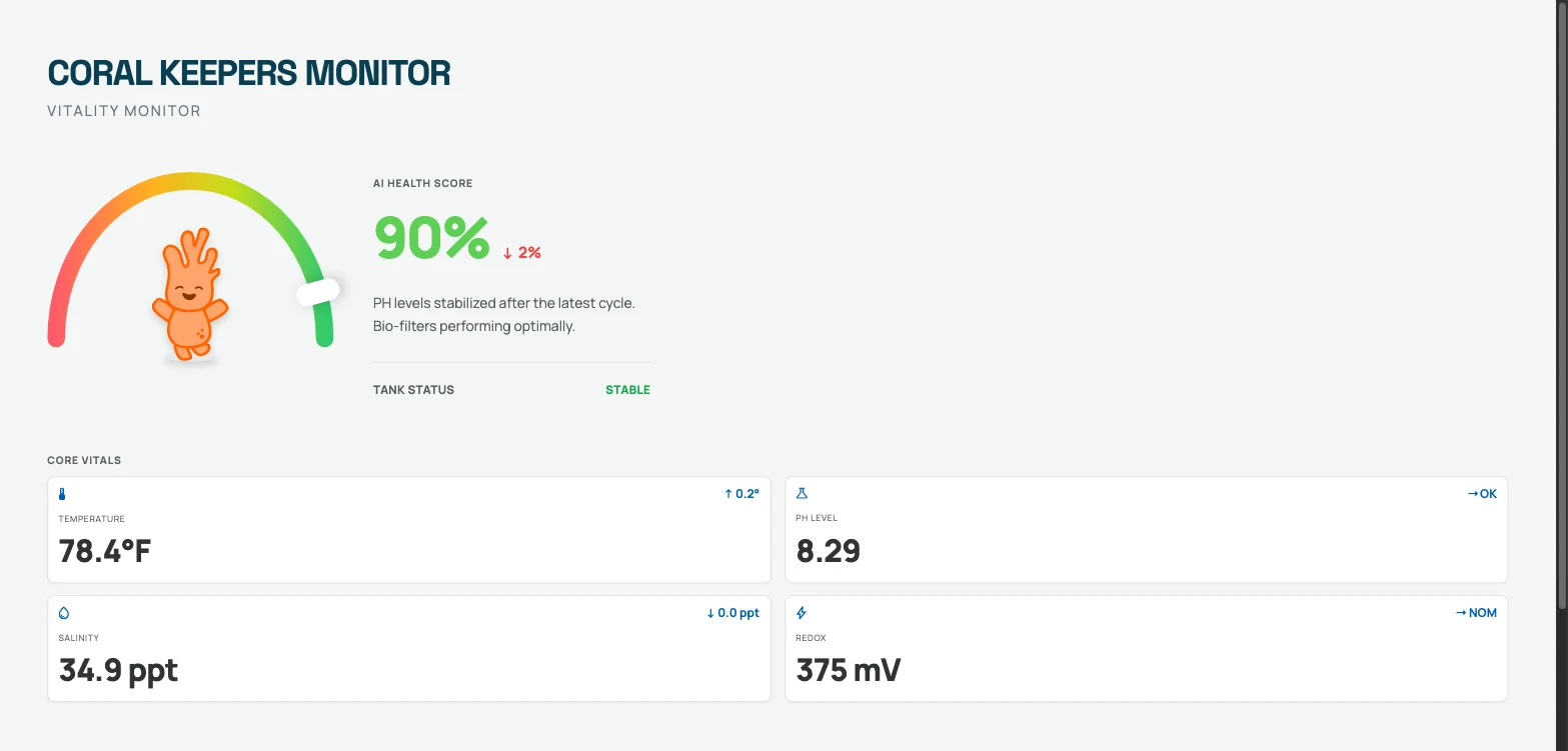 The iPad tank monitor showing an AI health score of 93 percent with Cory as the gauge needle, plus temperature, pH, salinity and redox readings