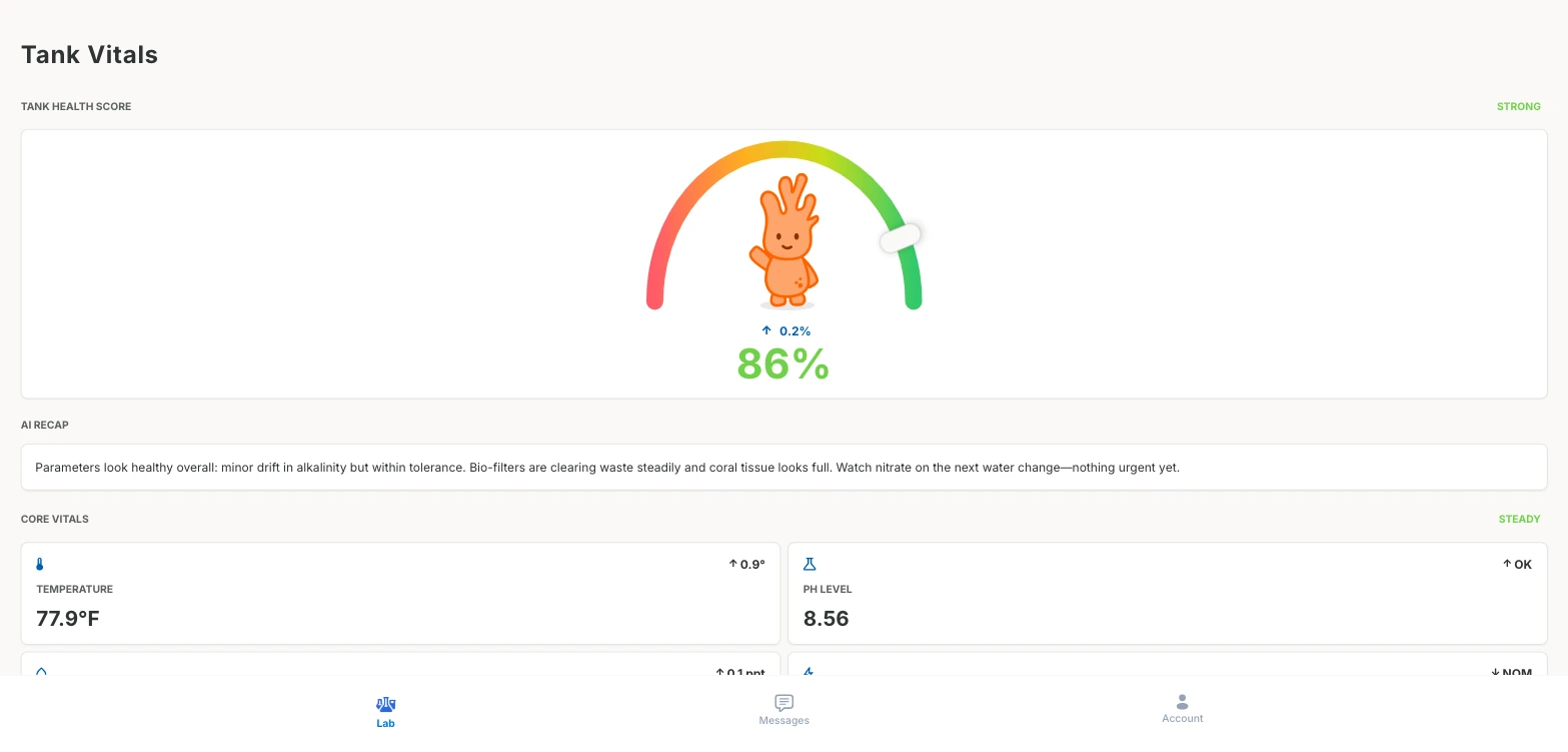 The teacher phone app showing tank health score, an AI-written recap of tank conditions, and core vitals