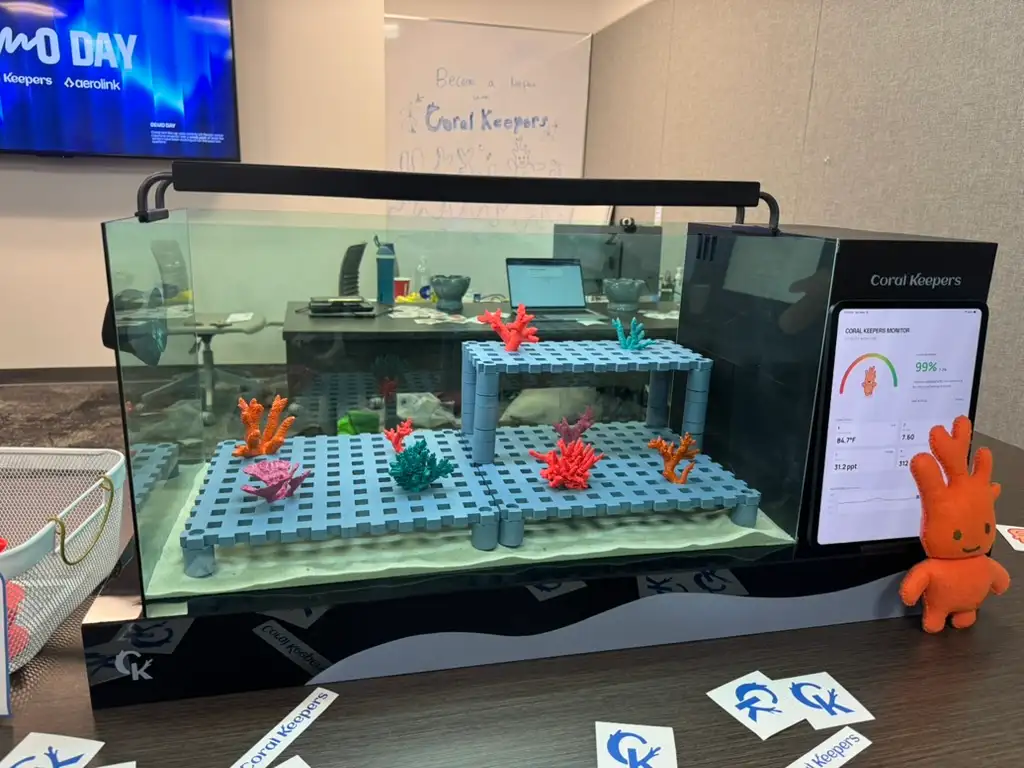 The finished Coral Keepers classroom tank, built from laser-cut acrylic and 3D-printed parts