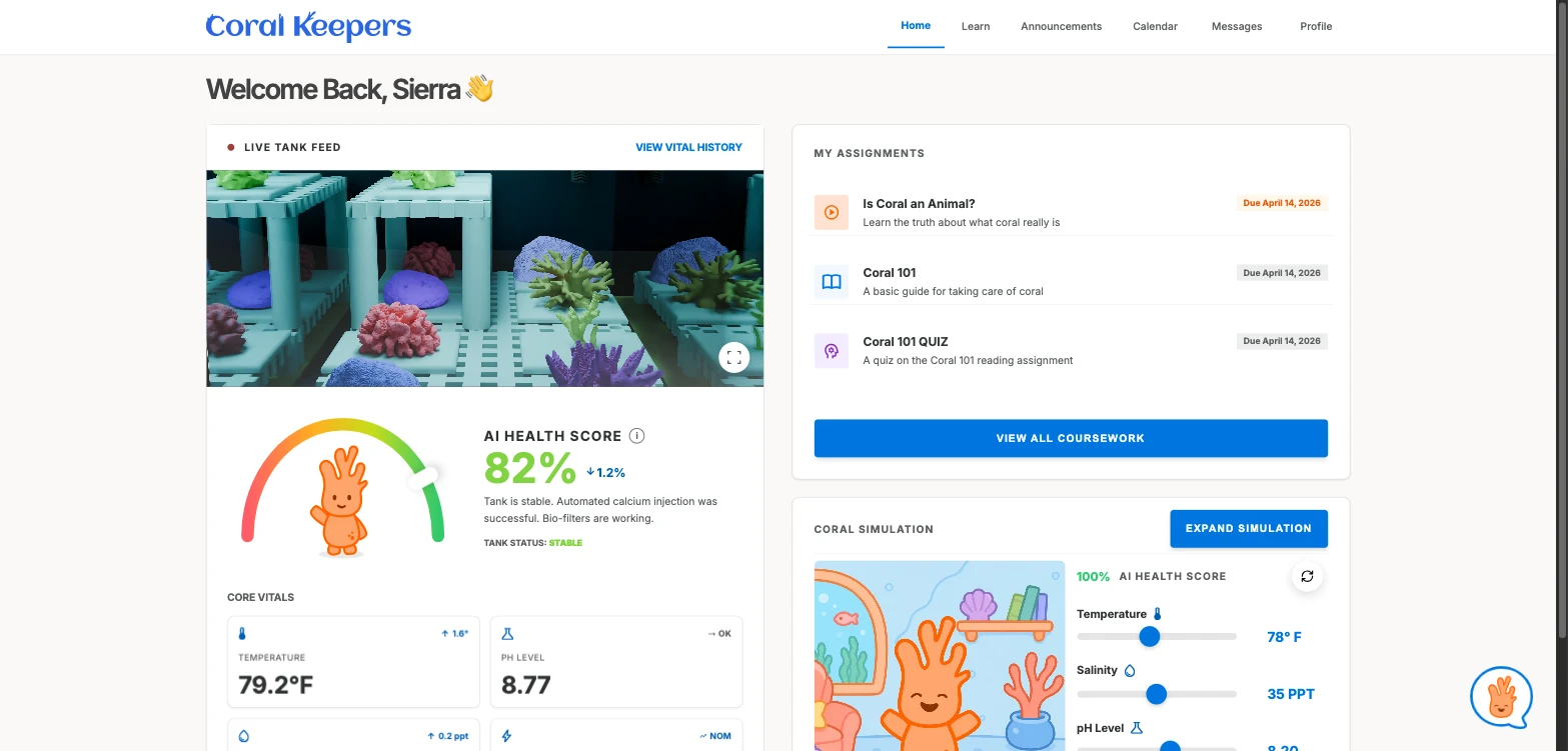 The student web dashboard with the same live tank feed and health score, alongside the student's own assignments and the coral simulation