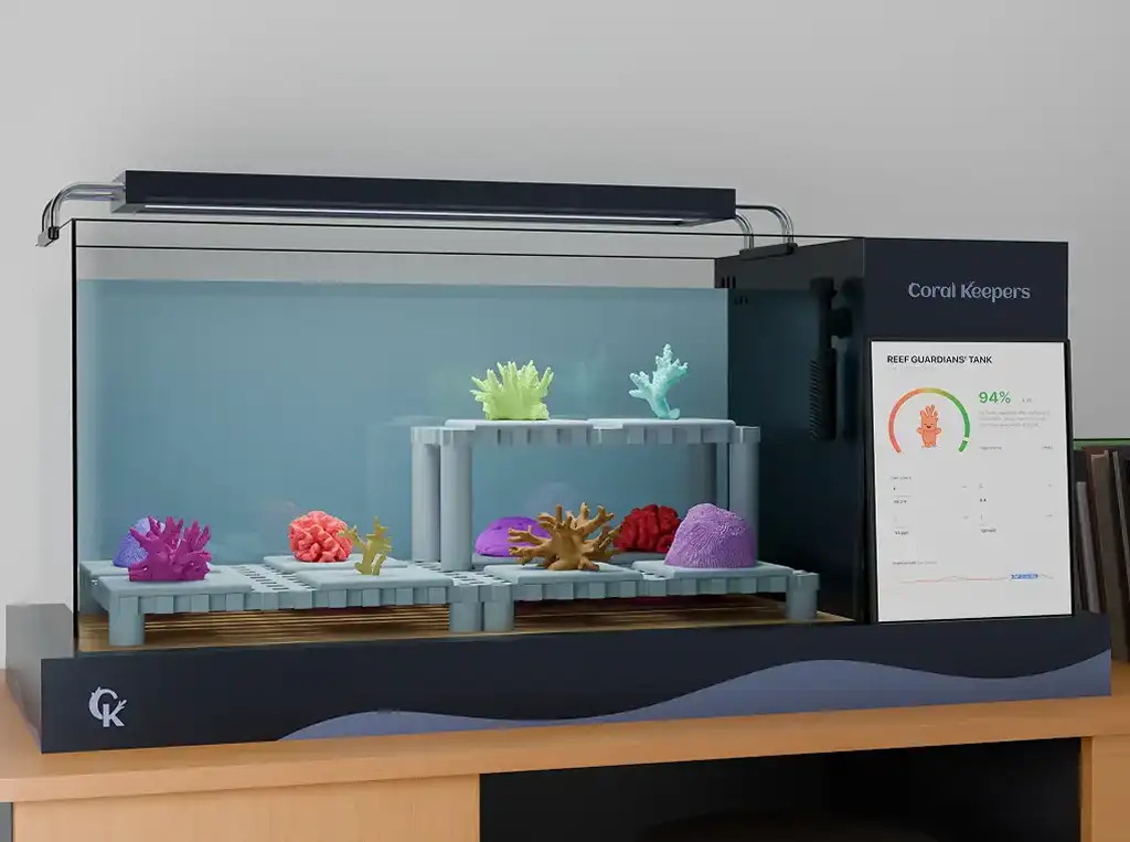 Product render of the Coral Keepers tank with the iPad vitality monitor mounted at one end, showing a 94 percent health score