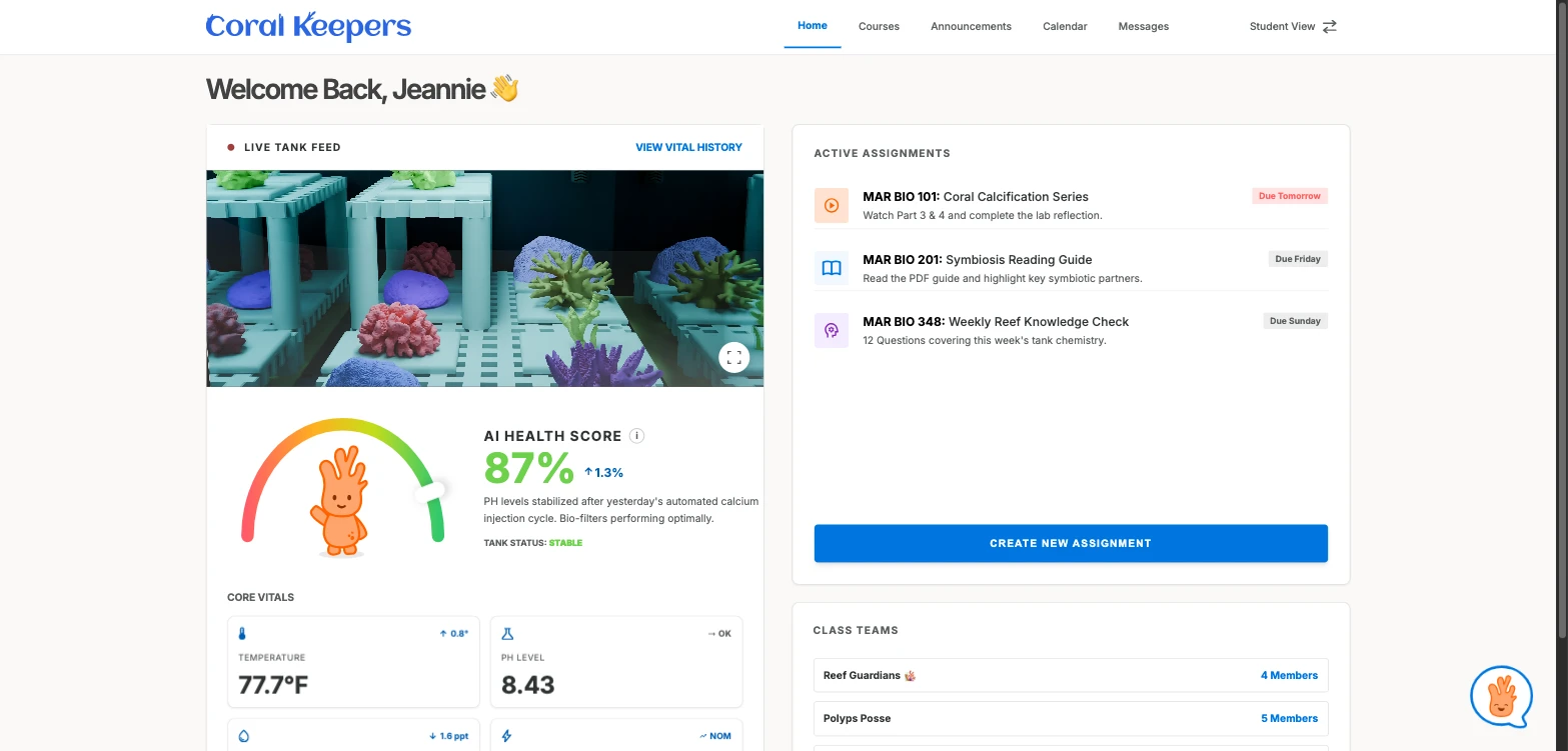 The teacher web dashboard with live tank feed, AI health score, active assignments and class teams