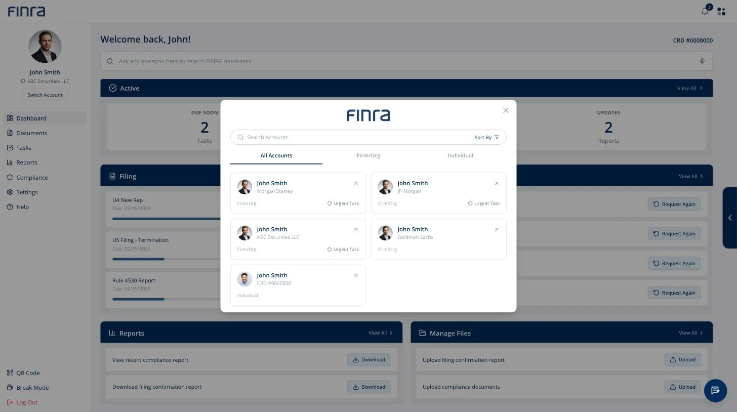 The account switcher: one person listed across several firms and a separate individual registration, with urgent tasks flagged per account