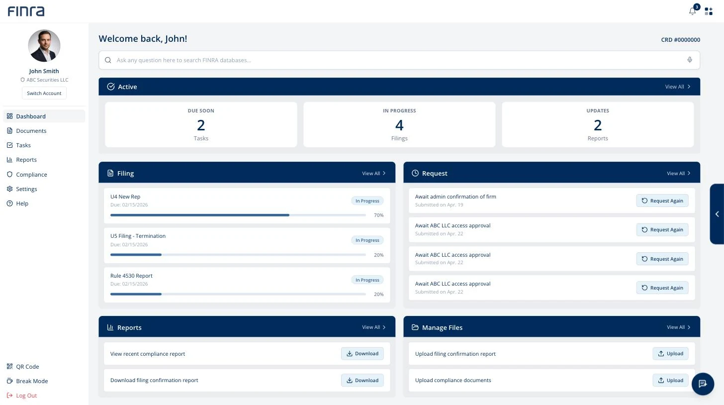 The dashboard, showing work grouped by state: due soon, in progress and updates, with filings tracked by completion